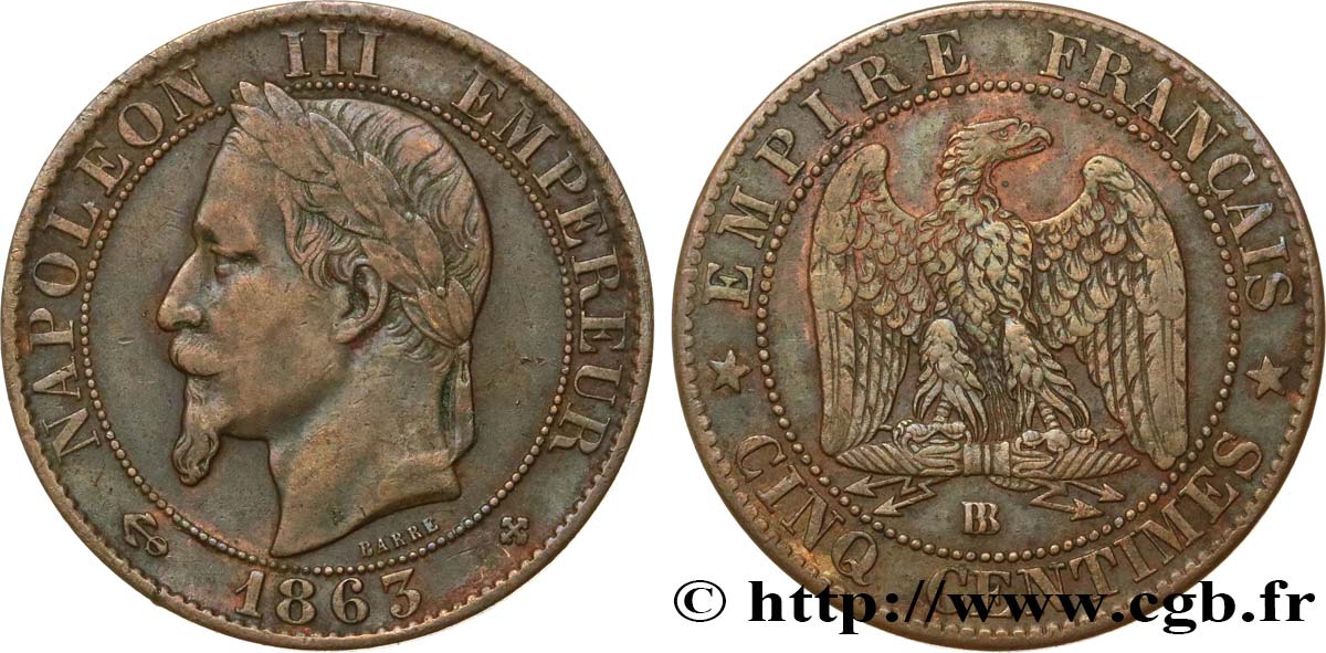 Cinq centimes Napoléon III, tête laurée 1863 Strasbourg F.117/11 BC+ 