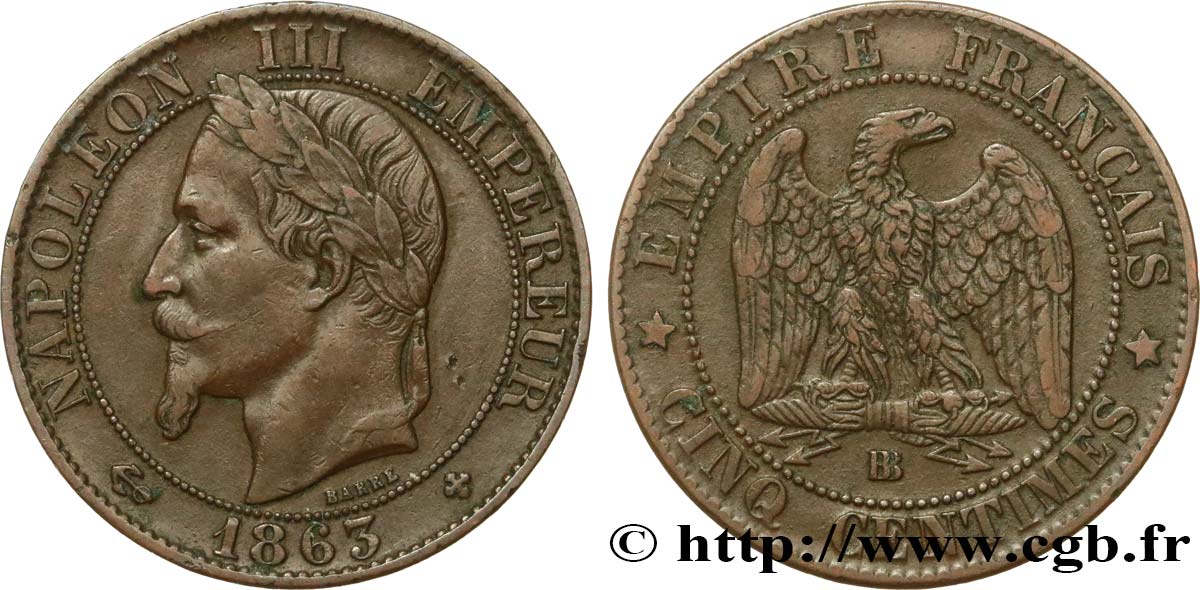 Cinq centimes Napoléon III, tête laurée 1863 Strasbourg F.117/11 MBC40 
