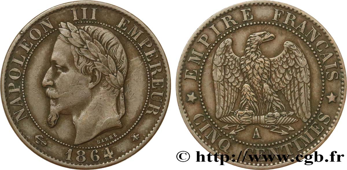 Cinq centimes Napoléon III, tête laurée 1864 Paris F.117/13 S35 