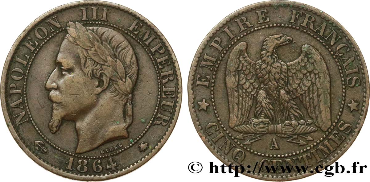 Cinq centimes Napoléon III, tête laurée 1864 Paris F.117/13 TB30 