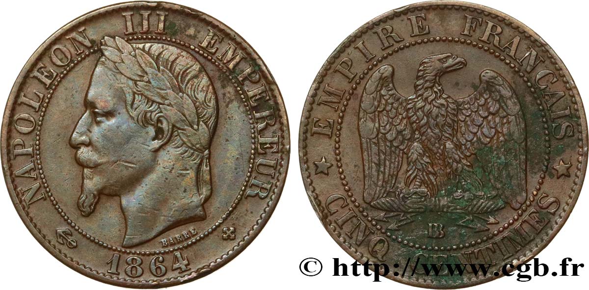 Cinq centimes Napoléon III, tête laurée 1864 Strasbourg F.117/14 VF 