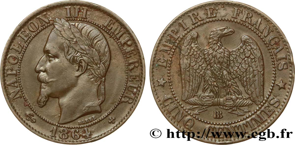 Cinq centimes Napoléon III, tête laurée 1864 Strasbourg F.117/14 BB45 