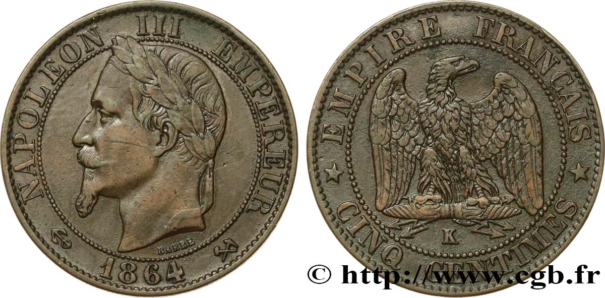 Cinq centimes Napoléon III, tête laurée 1864 Bordeaux F.117/15 TB35 