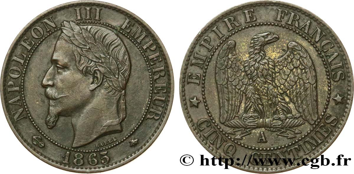 Cinq centimes Napoléon III, tête laurée 1865 Paris F.117/16 TTB45 