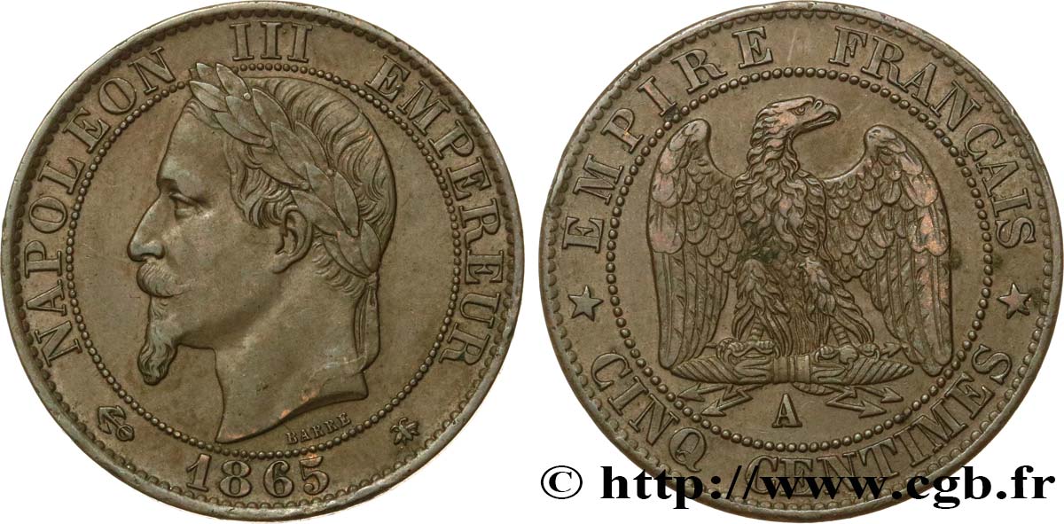 Cinq centimes Napoléon III, tête laurée 1865 Paris F.117/16 XF40 