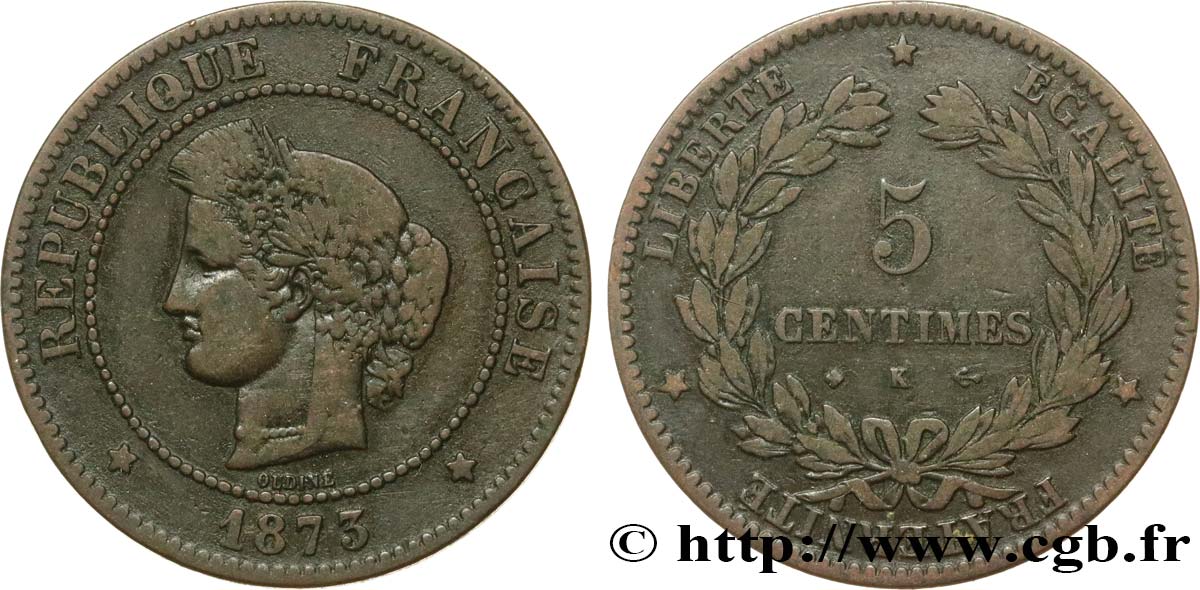 5 centimes Cérès 1873 Bordeaux F.118/8 VF20 