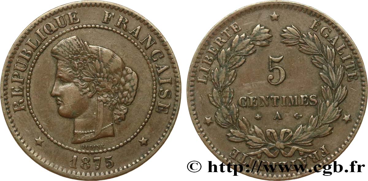 5 centimes Cérès 1875 Paris F.118/11 XF40 