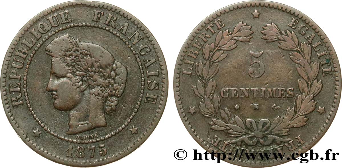 5 centimes Cérès 1875 Bordeaux F.118/12 BC20 