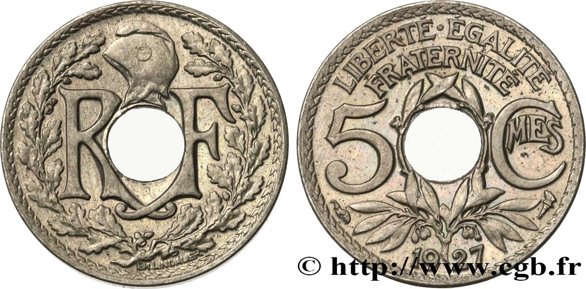5 centimes Lindauer, petit module 1927  F.122/12 AU53 