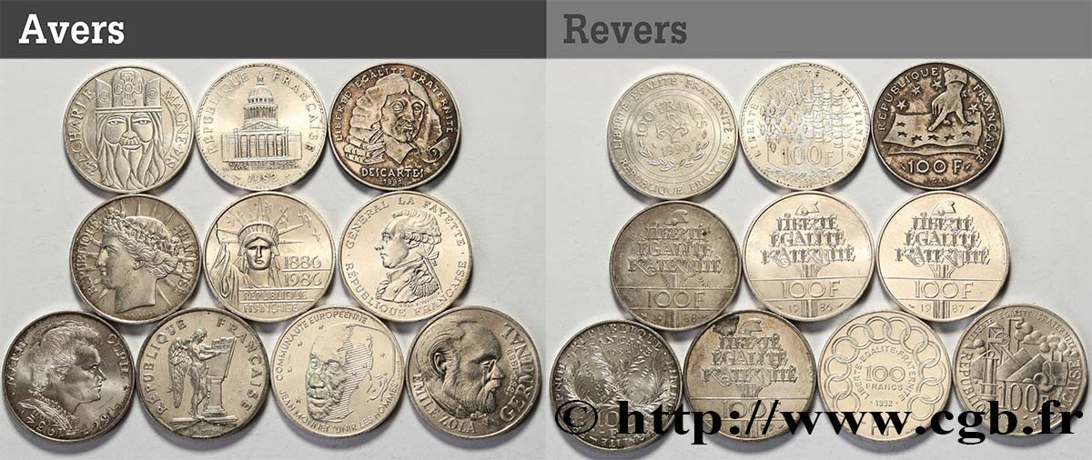 Lot de 10 pièces de 100 francs commémoratives - - F.-/ TTB 