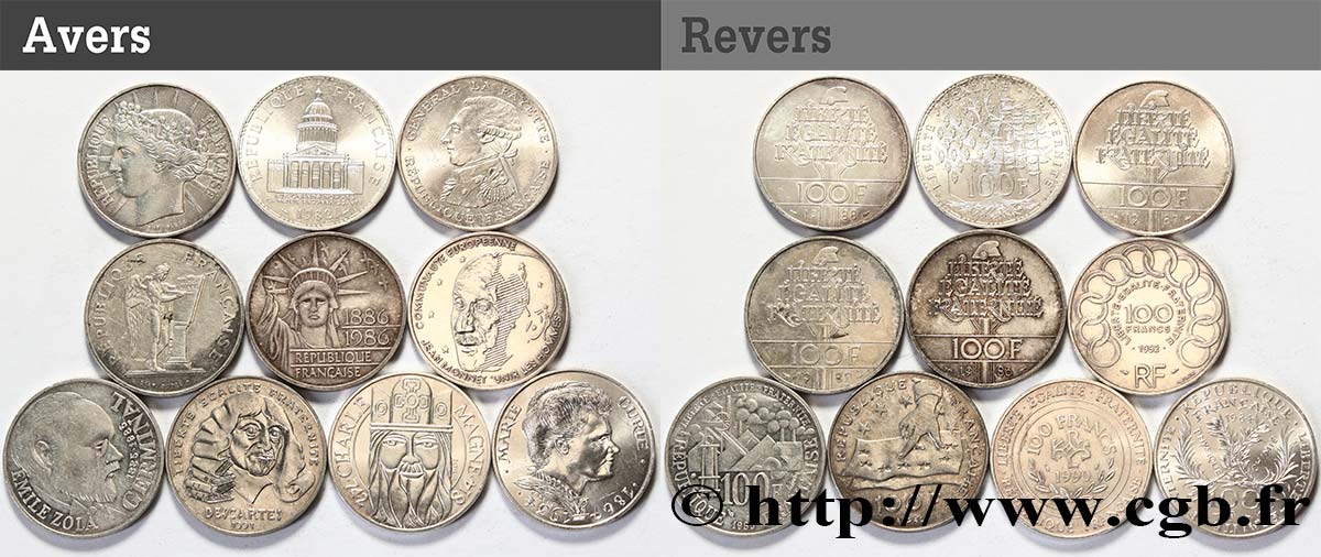 Lot de 10 pièces de 100 francs commémoratives - - F.-/ SS 