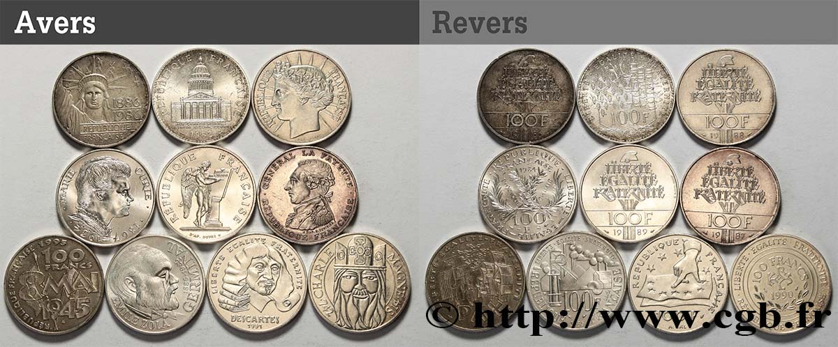 Lot de 10 pièces de 100 francs commémoratives - - F.-/ XF 
