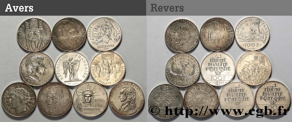 Lot de 10 pièces de 100 francs commémoratives - - F.-/ TTB 