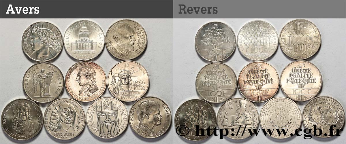 Lot de 10 pièces de 100 francs commémoratives - - F.-/ TTB 