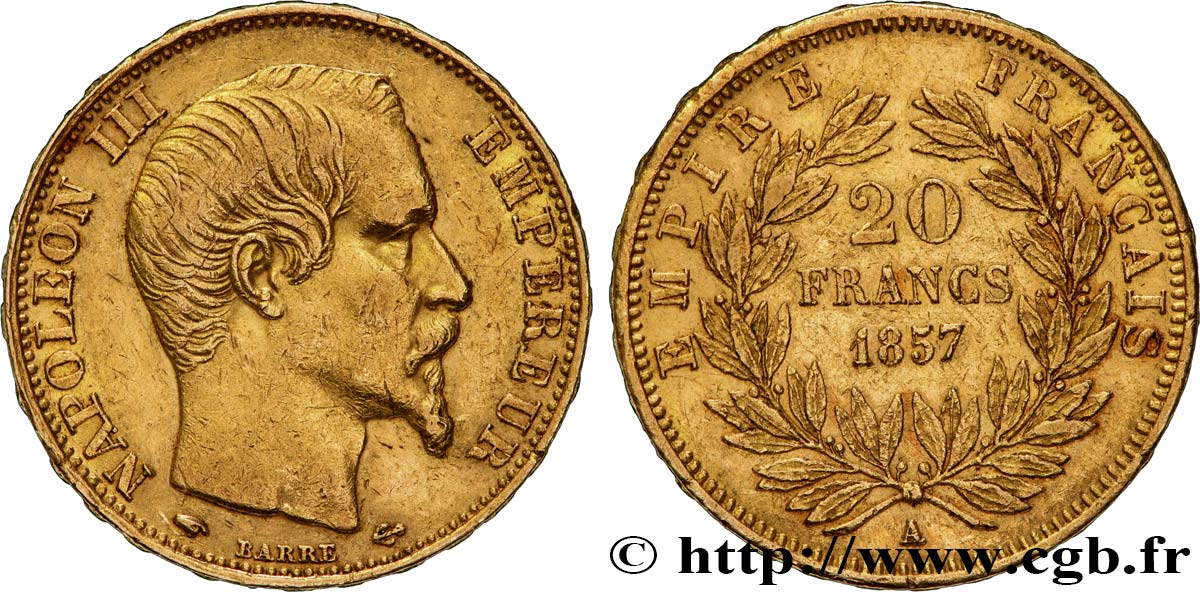 20 francs or Napoléon III, tête nue 1857 Paris F.531/12 MBC 