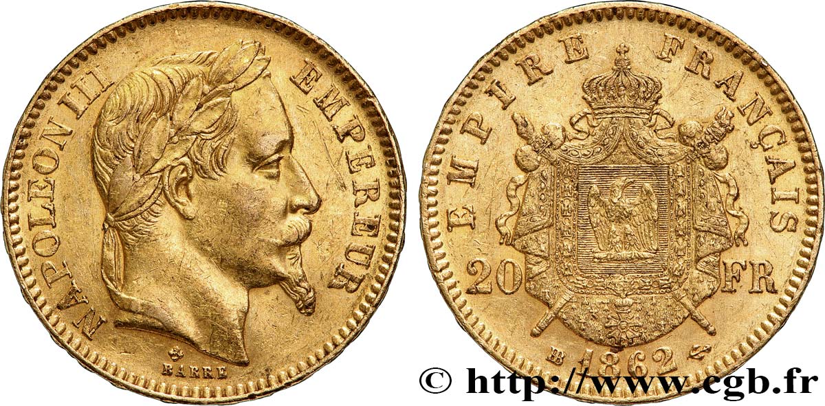 20 francs or Napoléon III, tête laurée 1862 Strasbourg F.532/5 q.SPL 