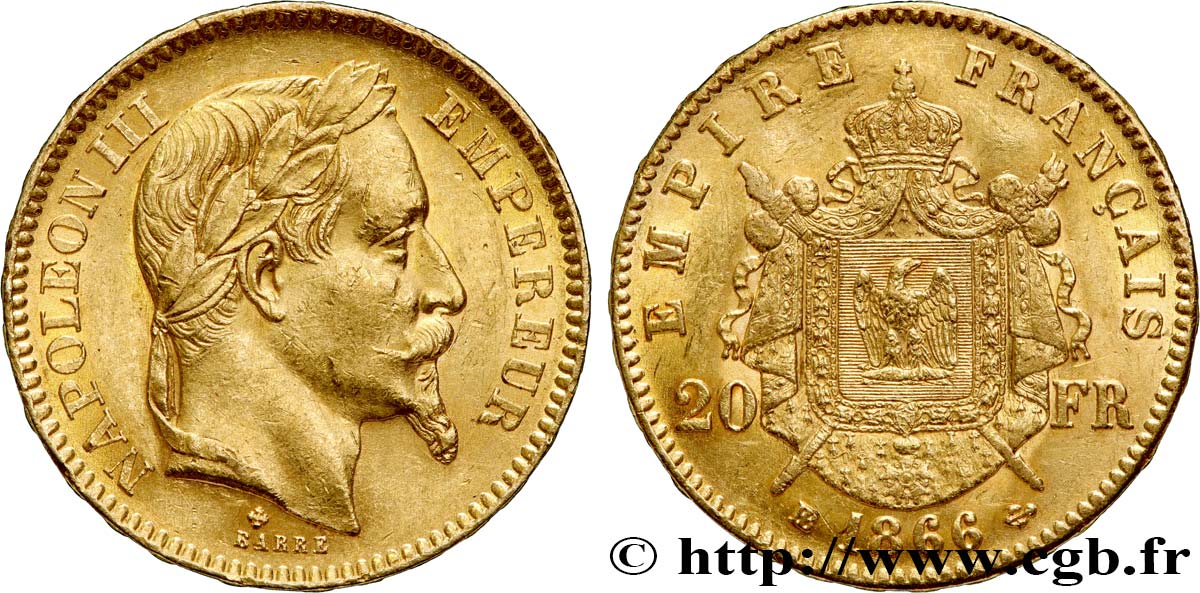 20 francs or Napoléon III, tête laurée 1866 Strasbourg F.532/14 MBC+ 