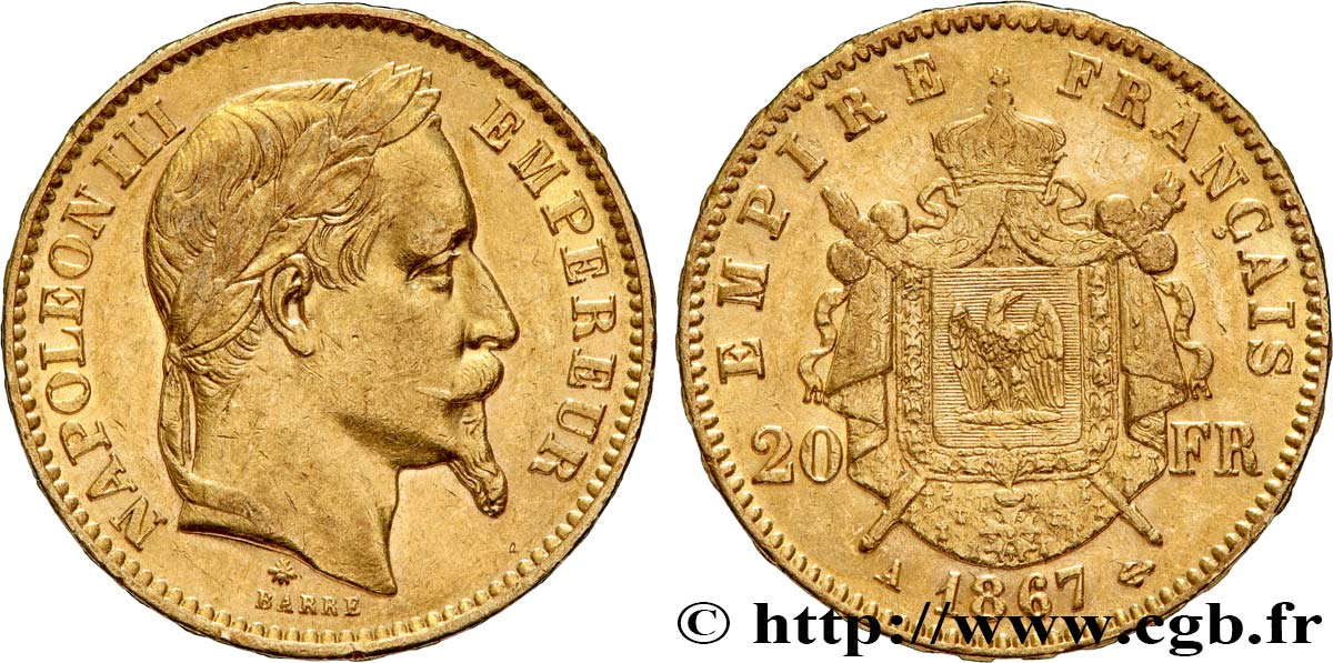 20 francs or Napoléon III, tête laurée 1867 Paris F.532/15 TTB50 
