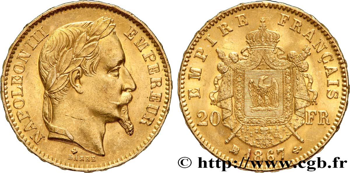 20 francs or Napoléon III, tête laurée 1867 Strasbourg F.532/17 AU58 