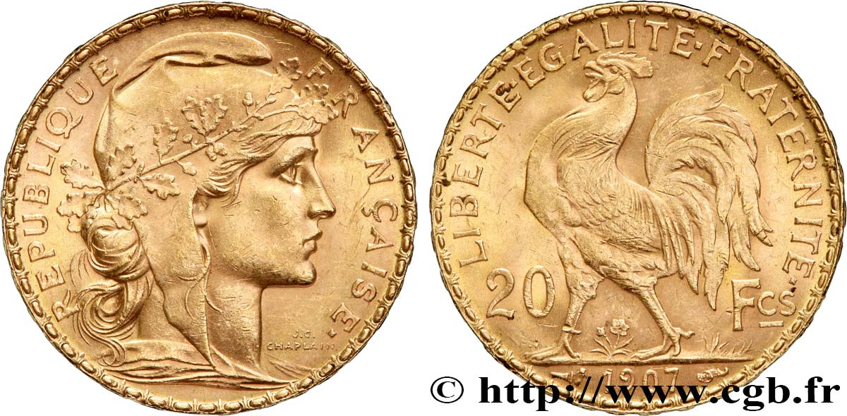 20 francs or Coq, Liberté Égalité Fraternité 1907 Paris F.535/1 MBC+ 