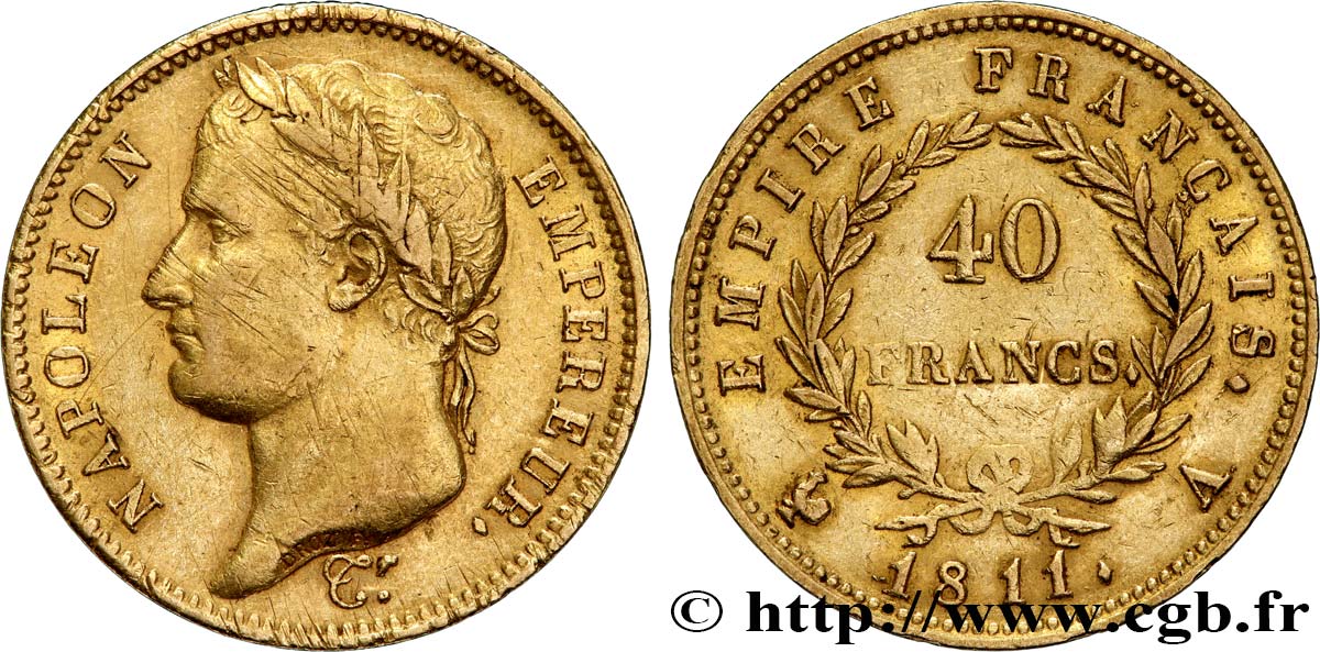 40 francs or Napoléon tête laurée, Empire français 1811 Paris F.541/6 XF 