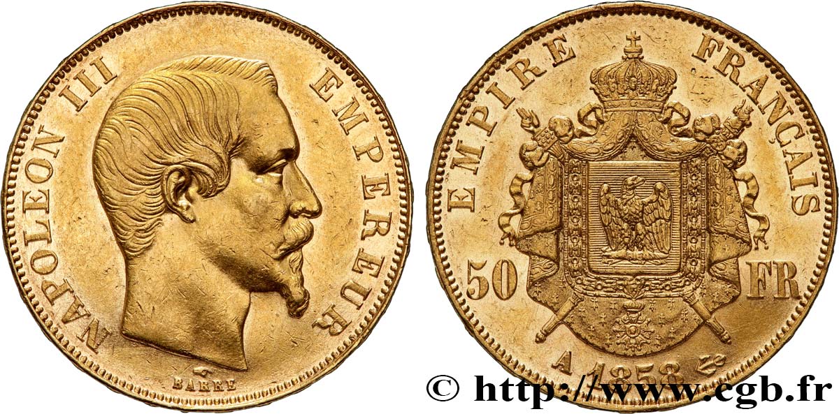 50 francs or Napoléon III, tête nue 1858 Paris F.547/5 EBC55 