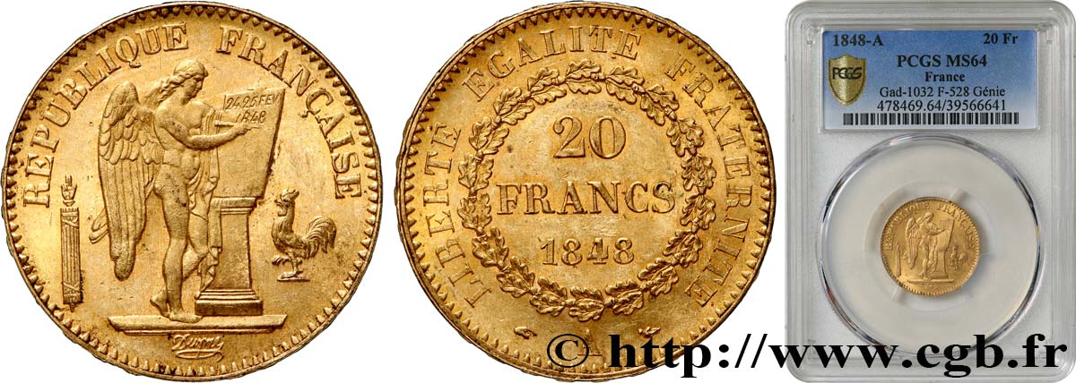 20 francs or Génie, IIe République 1848 Paris F.528/1 fST64 PCGS