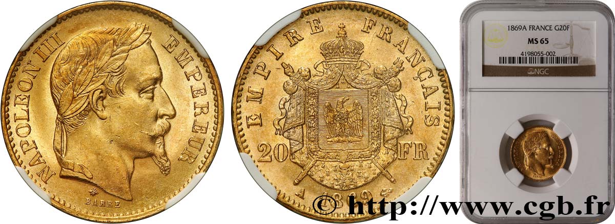 20 francs or Napoléon III, tête laurée 1869 Paris F.532/20 FDC65 NGC