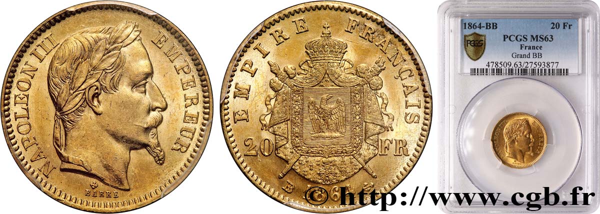 20 francs or Napoléon III, tête laurée 1864 Strasbourg F.532/10 SC63 PCGS