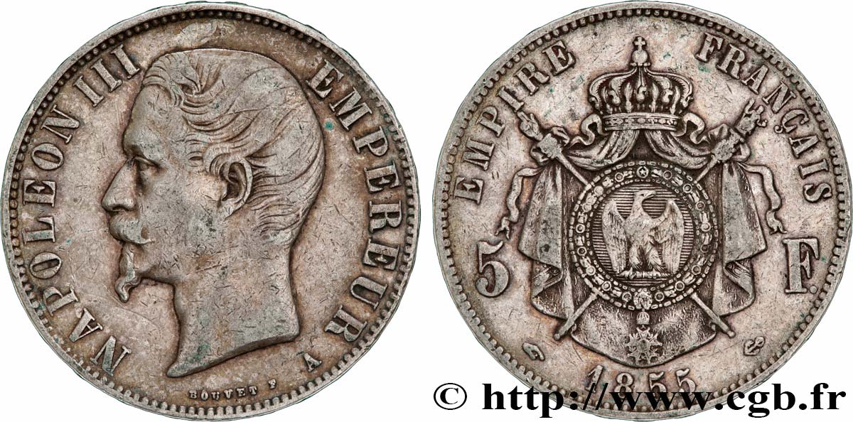 5 francs Napoléon III, tête nue 1855 Paris F.330/3 VF35 