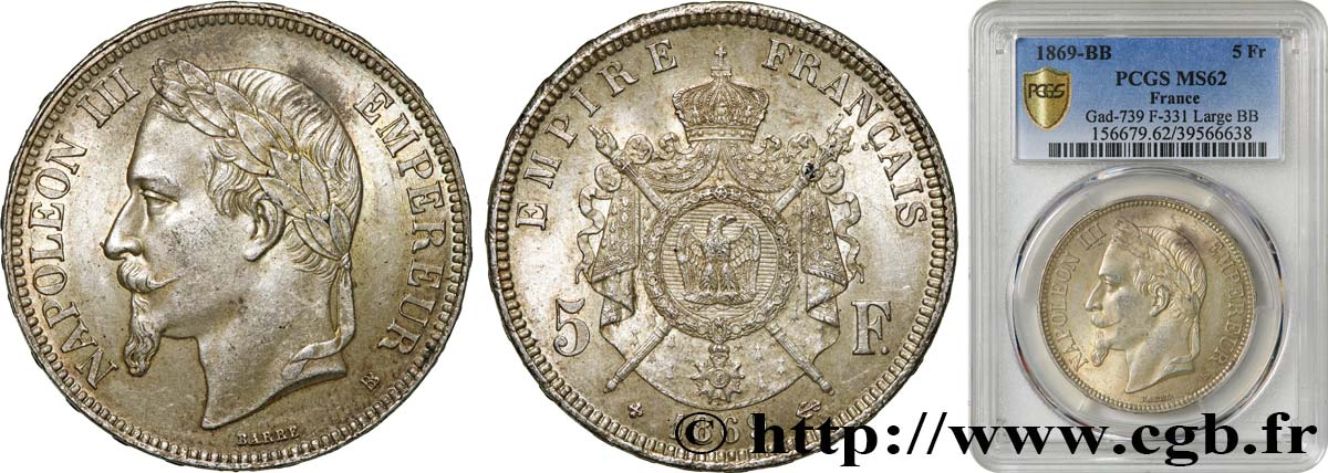5 francs Napoléon III, tête laurée 1869 Strasbourg F.331/15 SUP62 PCGS