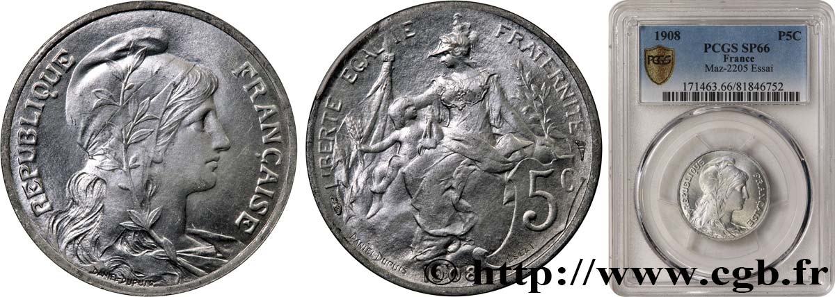 Essai de 5 centimes Daniel-Dupuis, en aluminium 1908 Paris GEM.14 18 ST66 PCGS