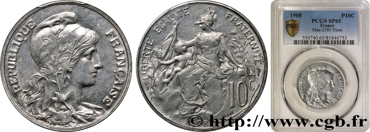 Essai de 10 centimes Daniel-Dupuis en aluminium 1908  GEM.34 10 FDC65 PCGS