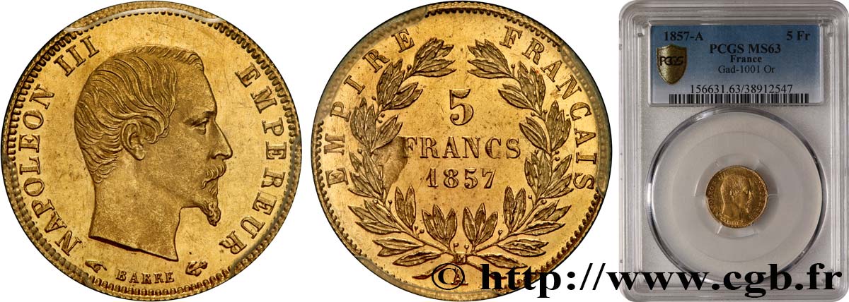 5 francs or Napoléon III, tête nue, grand module 1857 Paris F.501/4 SC63 PCGS