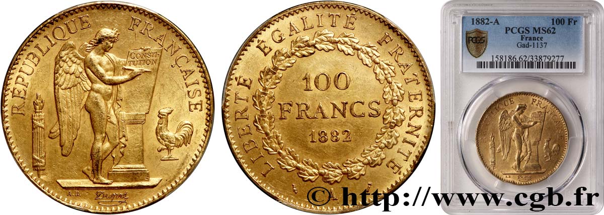 100 francs or Génie, tranche inscrite en relief Dieu protège la France 1882 Paris F.552/5 SPL62 PCGS