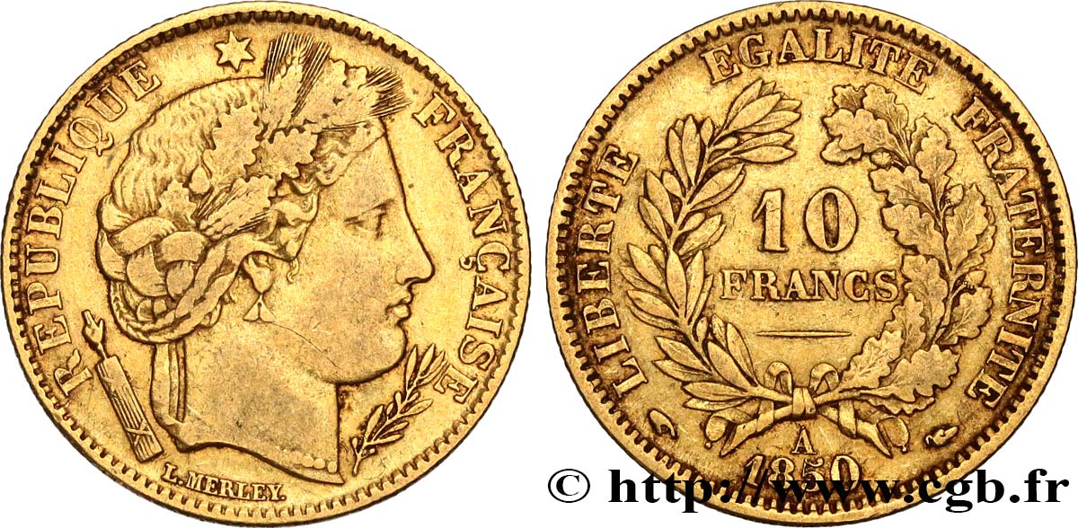 10 francs or Cérès, IIe République 1850 Paris F.504/2 TB25 