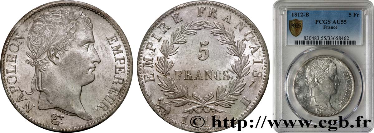 5 francs Napoléon Empereur, Empire français 1812 Rouen F.307/42 VZ55 PCGS