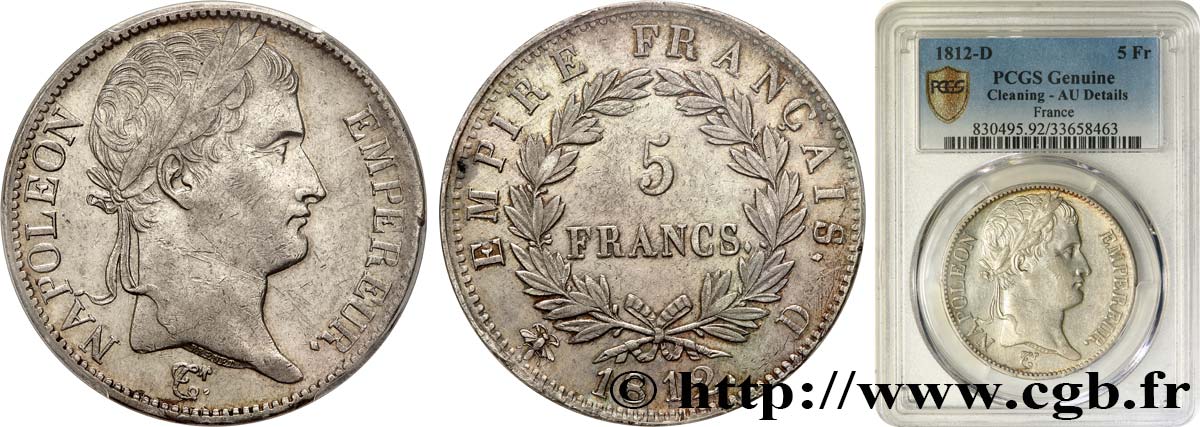 5 francs Napoléon Empereur, Empire français 1812 Lyon F.307/44 AU PCGS