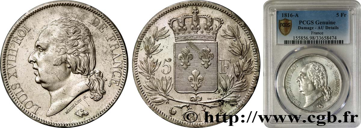 5 francs Louis XVIII, tête nue 1816  Paris F.309/1 SUP PCGS
