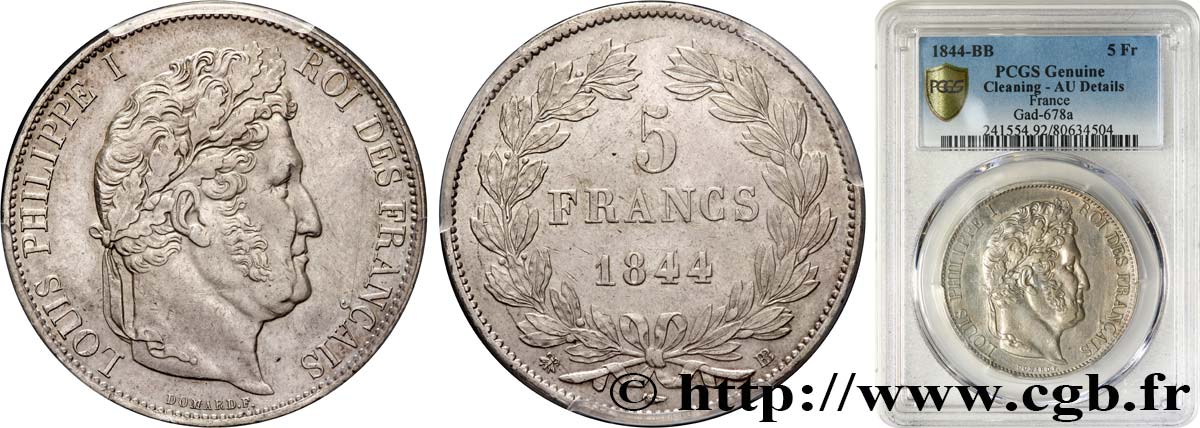 5 francs IIIe type Domard 1844 Strasbourg F.325/3 AU PCGS