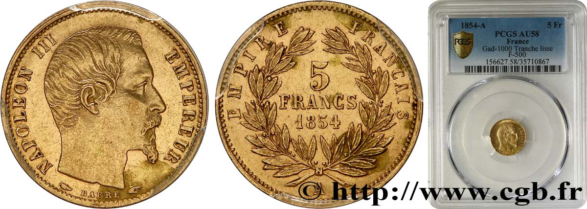 5 francs or Napoléon III, tête nue, petit module, tranche lisse 1854 Paris F.500/1 SUP58 PCGS
