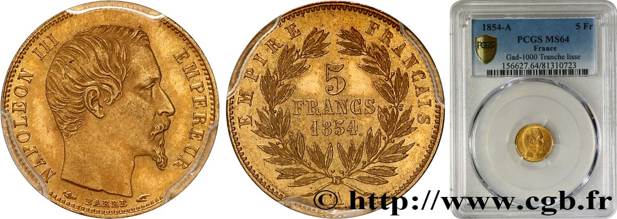 5 francs or Napoléon III, tête nue, petit module, tranche lisse 1854 Paris F.500/1 SC64 PCGS