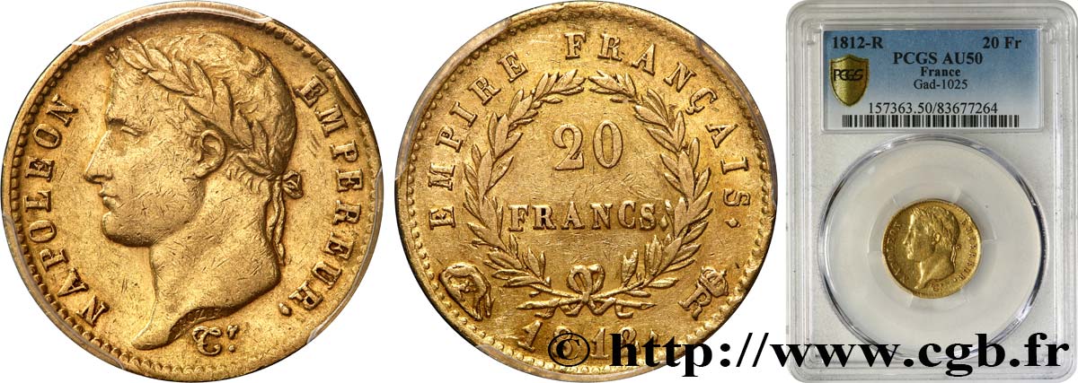 20 francs or Napoléon tête laurée, Empire français 1812 Rome F.516/27 AU50 PCGS