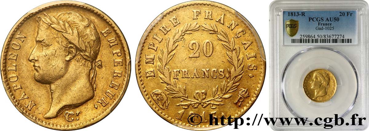 20 francs or Napoléon tête laurée, Empire français 1813 Rome F.516/35 AU50 PCGS