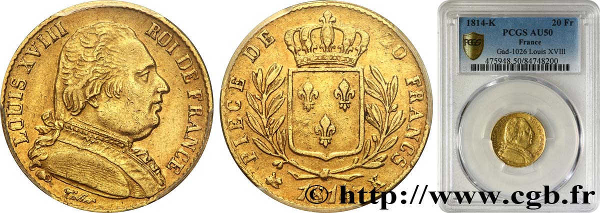 20 francs or Louis XVIII, buste habillé 1814 Bordeaux F.517/4 BB50 PCGS