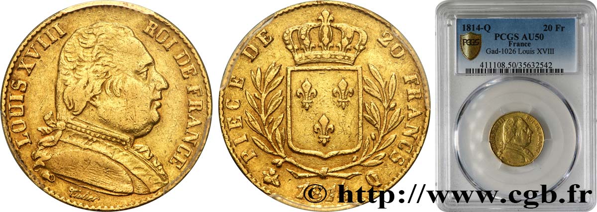 20 francs or Louis XVIII, buste habillé 1814 Perpignan F.517/8 AU50 PCGS