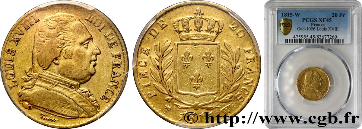 20 francs or Louis XVIII, buste habillé 1815 Lille F.517/18 SS45 PCGS