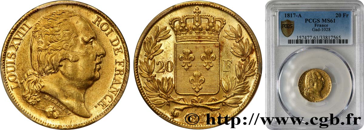20 francs or Louis XVIII, tête nue 1817 Paris F.519/5 MS61 PCGS