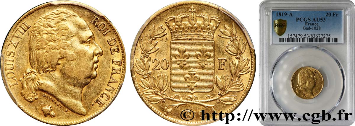 20 francs or Louis XVIII, tête nue 1819 Paris F.519/15 AU53 PCGS