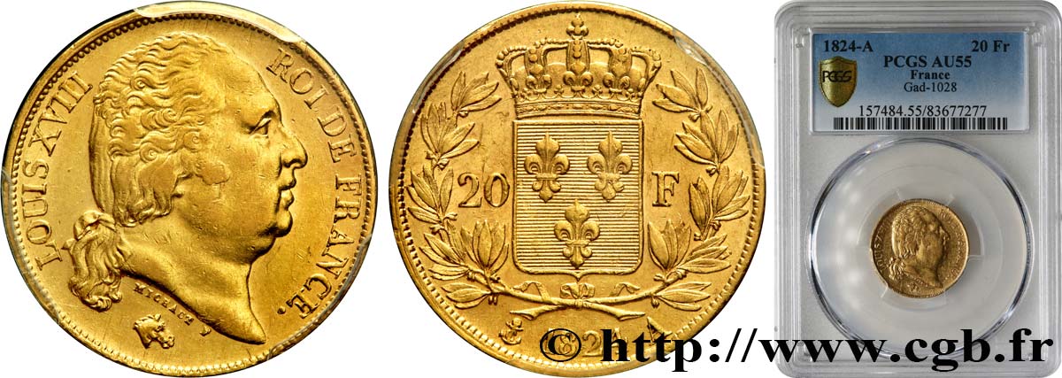 20 francs or Louis XVIII, tête nue 1824 Paris F.519/31 VZ55 PCGS
